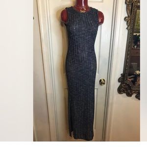 ST STUDIO MAXI LONG DRESS BLUE MARL RIBBED LADDER STRUCTURE -Sz XS - SIDE VENTS